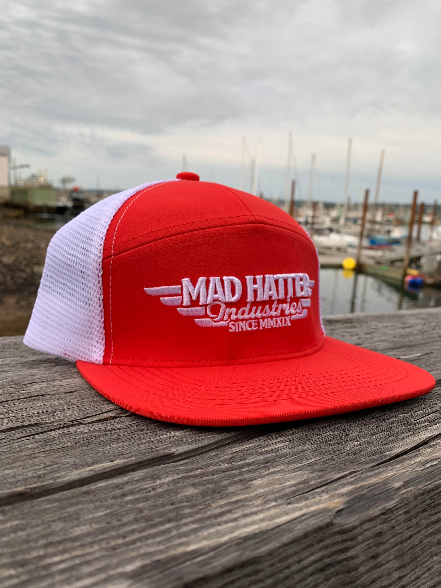 Mad Hatter Industries 7-Panel Hat – Red & Black