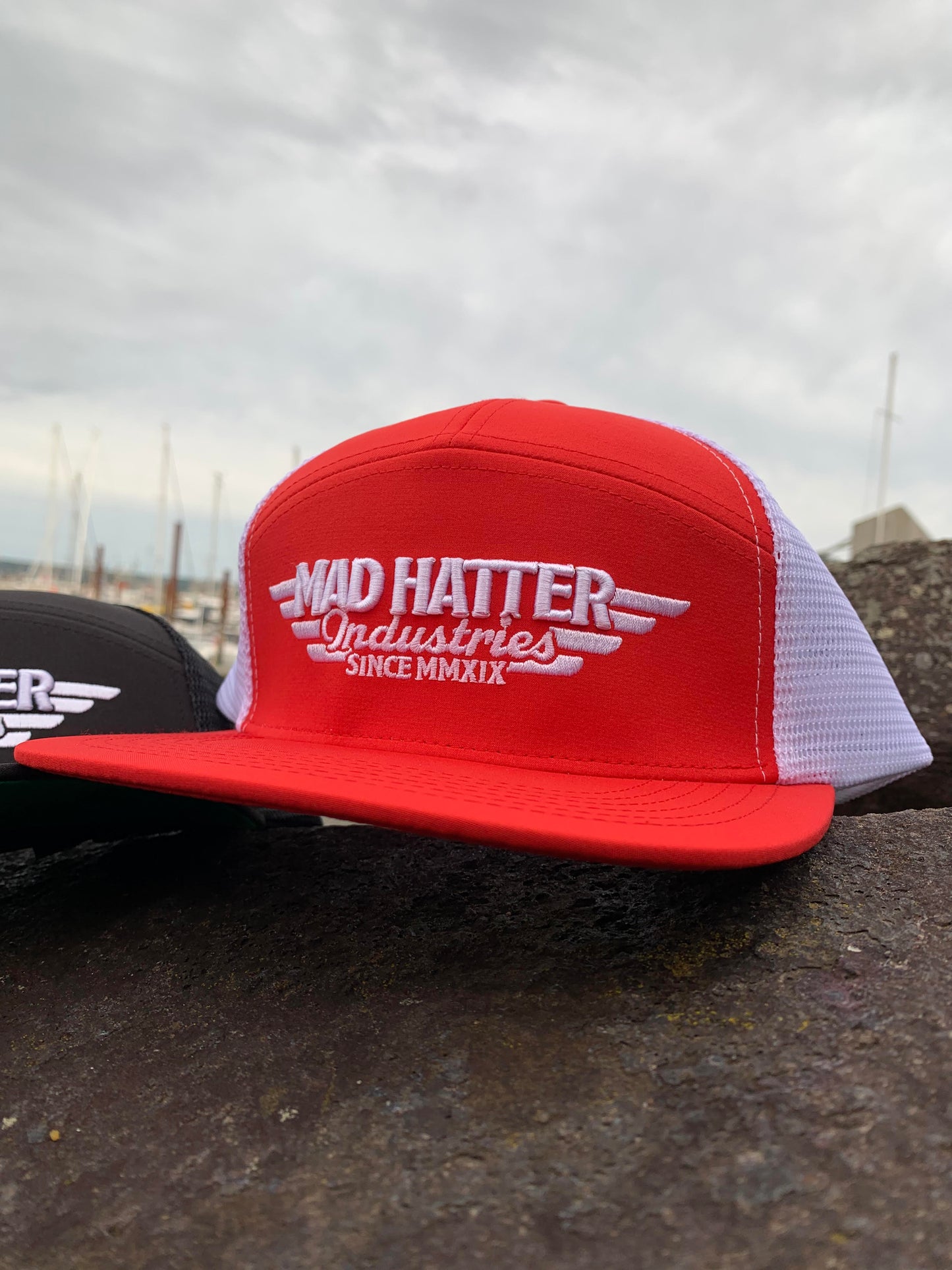 Mad Hatter Industries 7-Panel Hat – Red & Black