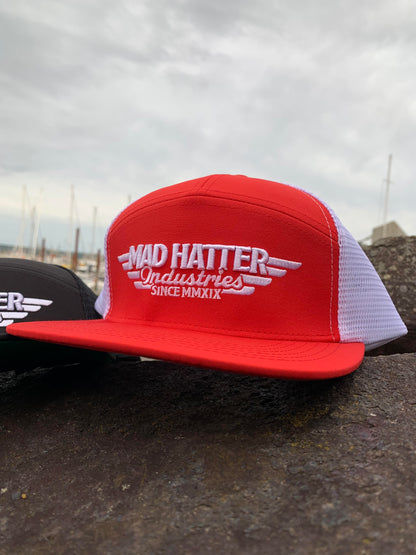 Mad Hatter Industries 7-Panel Hat – Red & Black